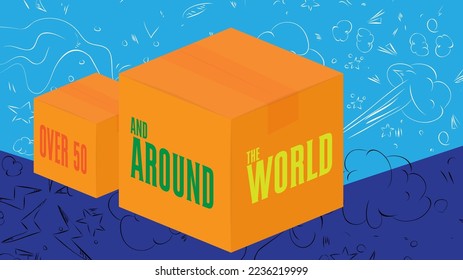 Over 50 and around the world text with cardboard box. Vector cartoon folded card box illustration.
