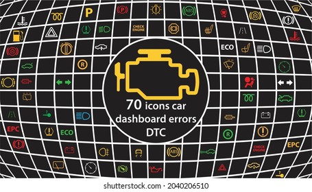 Over 70 icons pack- Car dashboard, dtc codes, error message, check engine, fault, dashboard vector illustration, gas level, air suspension, collection, warnings, EPS 10