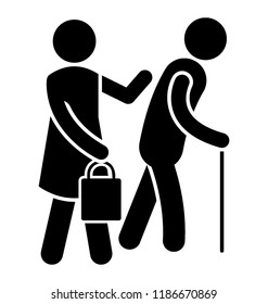 An over aged person is getting senior care from young lady who is carrying his luggage 
