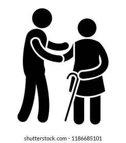 An over aged person is getting senior care from young boy who is holding her arm 