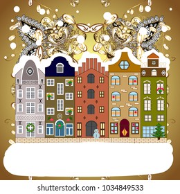 Over a background. Holidays Vector illustration. Nature landscape. Landscape with nature and houses. Winter city with trees, cute houses. Winter is coming. Vector illustration.