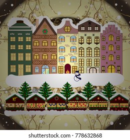 Over a background. Holidays Vector illustration. Nature landscape. Landscape with nature and houses. Vector illustration. Winter city with trees, cute houses. Winter is coming.