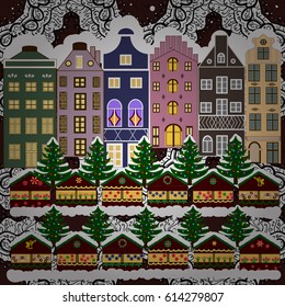 Over a background. Landscape with nature and houses. Vector illustration. Winter city with trees, cute houses. Nature landscape. Winter is coming. Holidays Vector illustration.