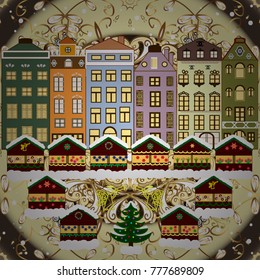 Over a background. Winter is coming. Vector illustration. Holidays Vector illustration. Winter city with trees, cute houses. Nature landscape. Landscape with nature and houses.