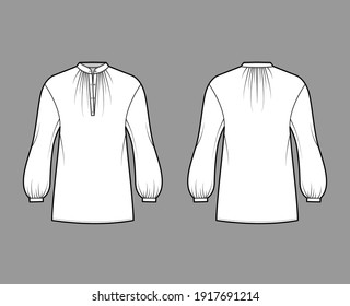 Over blouse technical fashion illustration with bouffant long sleeves, stand halter gathered collar, oversized. Flat apparel top template front, back, white color. Women, men unisex CAD mockup