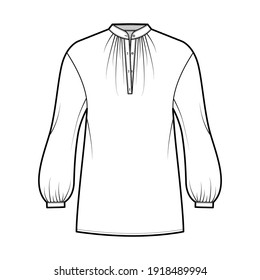 Over blouse technical fashion illustration with bouffant long sleeves, stand halter gathered collar, oversized. Flat apparel top template front, white color. Women, men unisex CAD mockup