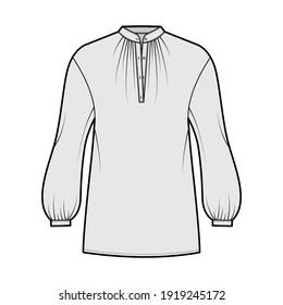 Over blouse technical fashion illustration with bouffant long sleeves, stand halter gathered collar, oversized. Flat apparel top template front, grey color. Women, men unisex CAD mockup