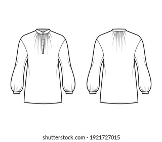 Over blouse technical fashion illustration with bouffant long sleeves, stand halter gathered collar, oversized. Flat apparel top template front, back, white color. Women, men unisex CAD mockup