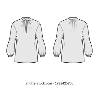 Over blouse technical fashion illustration with bouffant long sleeves, stand halter gathered collar, oversized. Flat apparel top template front, back, grey color. Women, men unisex CAD mockup