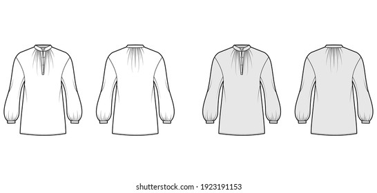 Over blouse technical fashion illustration with bouffant long sleeves, stand halter gathered collar, oversized. Flat apparel top template front, back, white, grey color. Women, men unisex CAD mockup