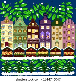 Over a blue, green and brown background. Nature landscape. Vector illustration. Landscape with nature and houses. Holidays Vector illustration. Winter city with trees, cute houses. Winter is coming.