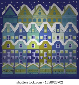 Over a blue and violet background. Landscape with nature and houses. Winter city with trees, cute houses. Winter is coming. Nature landscape. Vector illustration. Holidays Vector illustration.