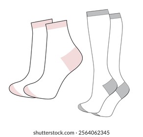 Over calf socks and quarter length socks mockup template vector design.