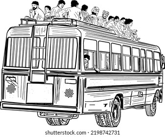 Over Crowded Bus Vector, Indian Bus Vector, Overloaded Bus In Pakistan Sketch Drawing, Line Art Illustration Of Over Crowded Vintage Bus, 