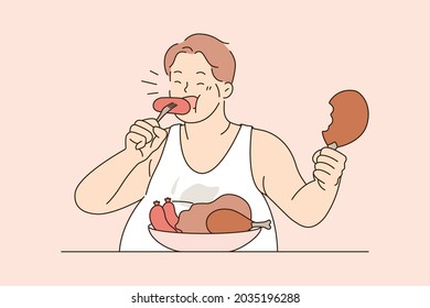 Over eating and unhealthy diet concept. Fat man sitting eating sausages meat with appetite overeating living unhealthy lifestyle vector illustration 