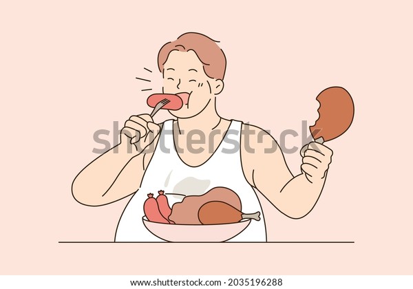 Over eating and unhealthy diet concept. Fat\
man sitting eating sausages meat with appetite overeating living\
unhealthy lifestyle vector illustration\
