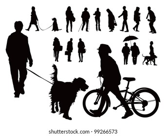 Over fifteen black vector silhouettes. People walking with dogs, alone and with bicycle. Spring casual clothes.