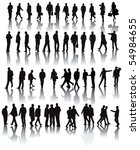 Over fifty black silhouettes with shadow reflexions. People working in the office. Vector illustration.