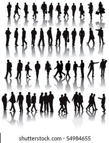 Over fifty black silhouettes with shadow reflexions. People working in the office. Vector illustration.