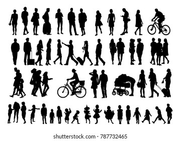 Over fifty people black silhouettes on white background. Vector illustration.