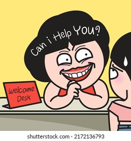 Over Friendly Receptionist Talking With Guest At Reception Desk Concept Card Character illustration