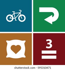 over icons set. Set of 4 over filled icons such as pillow with heart on it, 3 allowed, bicycle