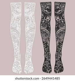 Sobre la rodilla calcetines con diseño de patrón paisley. Plantilla de ropa de calcetería femenina. Ilustración vectorial de estilo Doodle para corte láser, impresión de moda, diseño creativo. páginas en color zen. ornamento cnc