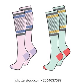 Over the knee socks for women vector mockup template technical drawing.