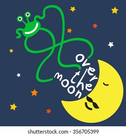 OVER THE MOON
Alien with a big smile flying over the sleeping moon.
