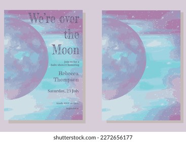 Over the Moon Theme Baby Shower Invitation | Moon and Stars Space Blue and Pink Background for Gender reveal, Birthday party, Bridal Shower, Wedding, Games, Signs, Posters and other Decor