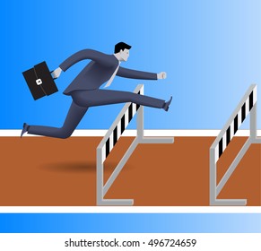 Over the obstacles business concept. Confident businessman in business suit with case jumps over the obstacles on his way to success.
