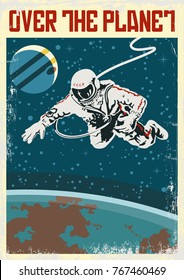 Over the Planet. Space Poster. Stylization under the Old Soviet Space Propaganda