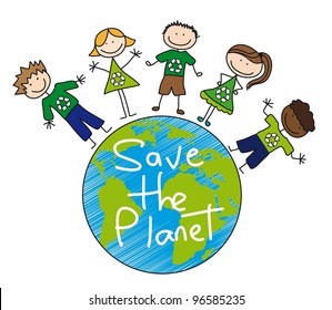 children?s over planet over white background, recycle.vector
