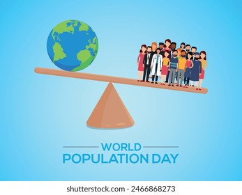 Over Population vector illustration with globe, earth and group of colorful diverse people - World Population Day