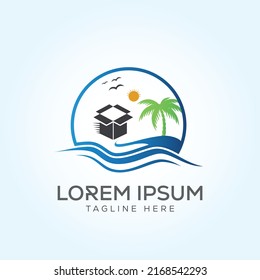 Over Sea Box sun Coconut tree and Birds Logo Template In Modern Creative Minimal Style Vector Design