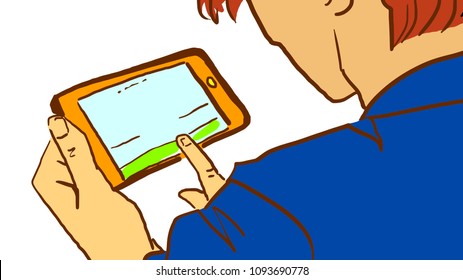 Over the shoulder view of a man holding tablet.