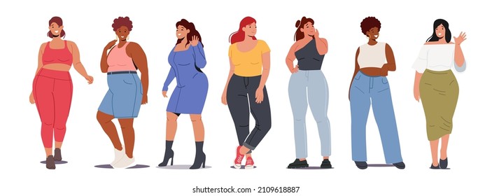 Over Size Female Characters, Beautiful Women Wear Casual Clothes Dress, Pants, Shorts. Curvy African American or Caucasian Girls Wear High Heels . Plus Size Stylish Ladies. Cartoon Vector Illustration