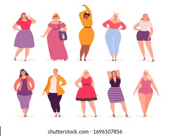 Over Size Woman. Adult Fat People Curvy In Casual Clothes Vector Persons Cartoon Characters