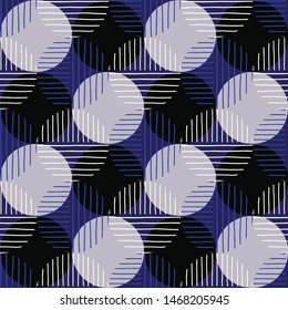 Over sized Retro Geo Dots Vector Seamless Pattern. Over Scaled Modern Geometric Blue and Black Circles. Simple Bold Streaking Minimalist Background. Perfect for Fashion, Home Decor