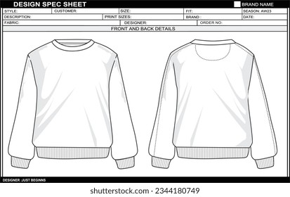 OVER SIZED SWEATSHIRT FLAT SKETCH FASHION TEMPLATE TECHNICAL DRAWING ILLUSTRATION