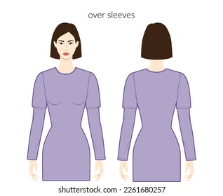 Over sleeves long length clothes character beautiful lady in purple top, shirt, dress technical fashion illustration, fitted body. Flat apparel template front, back sides. Women, men unisex CAD mockup