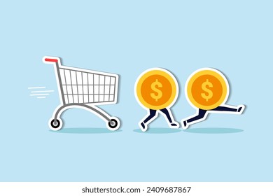 Over spending, consumerism or payment for expensive shopping cost causing debt and financial problem concept, dollar money coins running away from aggressive hunting creditor shopping cart or trolley.