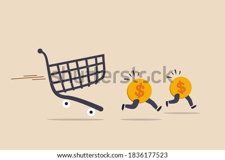 Over spending, consumerism or payment for expensive shopping cost causing debt and financial problem concept, dollar money coins running away from aggressive hunting creditor shopping cart or trolley.