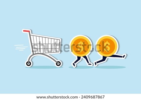 Over spending, consumerism or payment for expensive shopping cost causing debt and financial problem concept, dollar money coins running away from aggressive hunting creditor shopping cart or trolley.