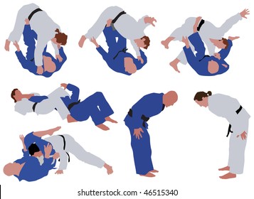 Over ten man silhouettes during judo competition. Vector color illustration.