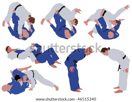 Over ten man silhouettes during judo competition. Vector color illustration.
