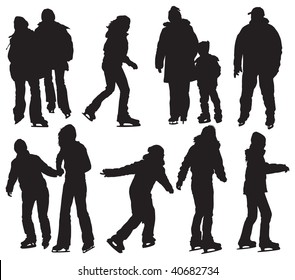 Over ten people silhouettes skating on ice. Vector black and white illustration.
