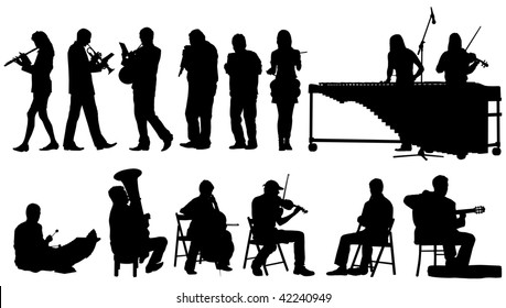 Over ten vector silhouettes of performing musicians on white background.