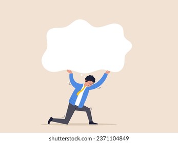 Over thinking concept. Obsessive in work or too many problems that cannot make decision, tried depressed businessman carry heavy thinking bubble burden.
