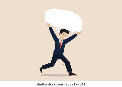 Over thinking, too many problems can't make a decision concept, depressed businessman bearing heavy burden of thought bubbles. Over thinking, too many problems can't make a decision concept.